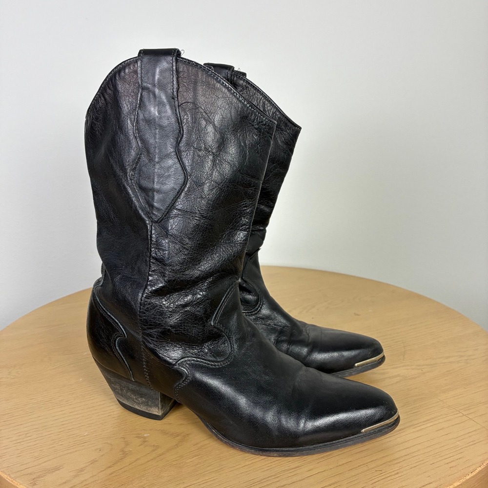 Code West Black Leather Western Cowboy Boots Women's 7 Metal Toe Tip Boho Retro